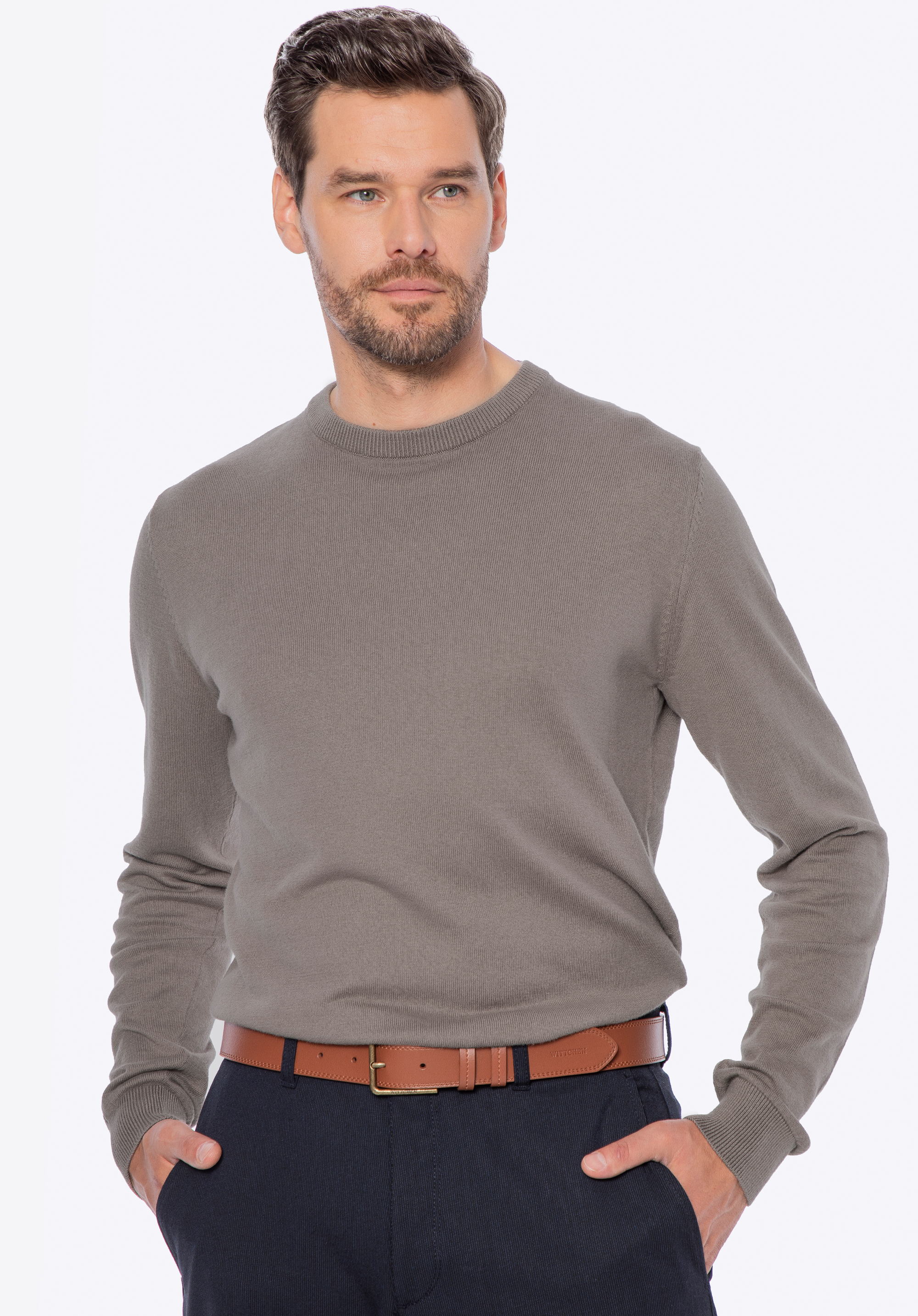 Sweter męski z bawełny z domieszką kaszmiru ciemny beż