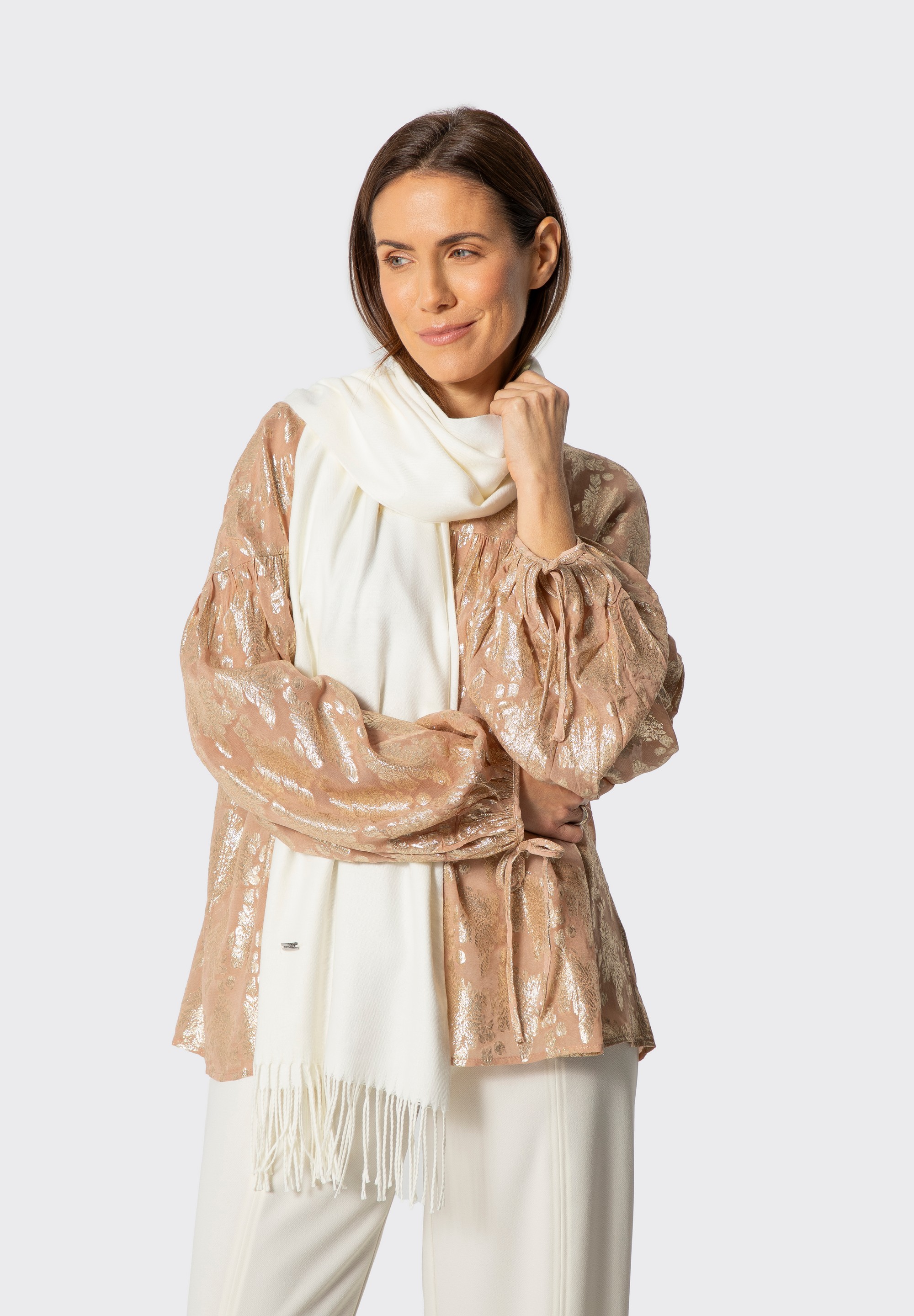 Szalik damski z frędzlami jednolity, kremowy, 101-7F-100-0, Zdjęcie 1