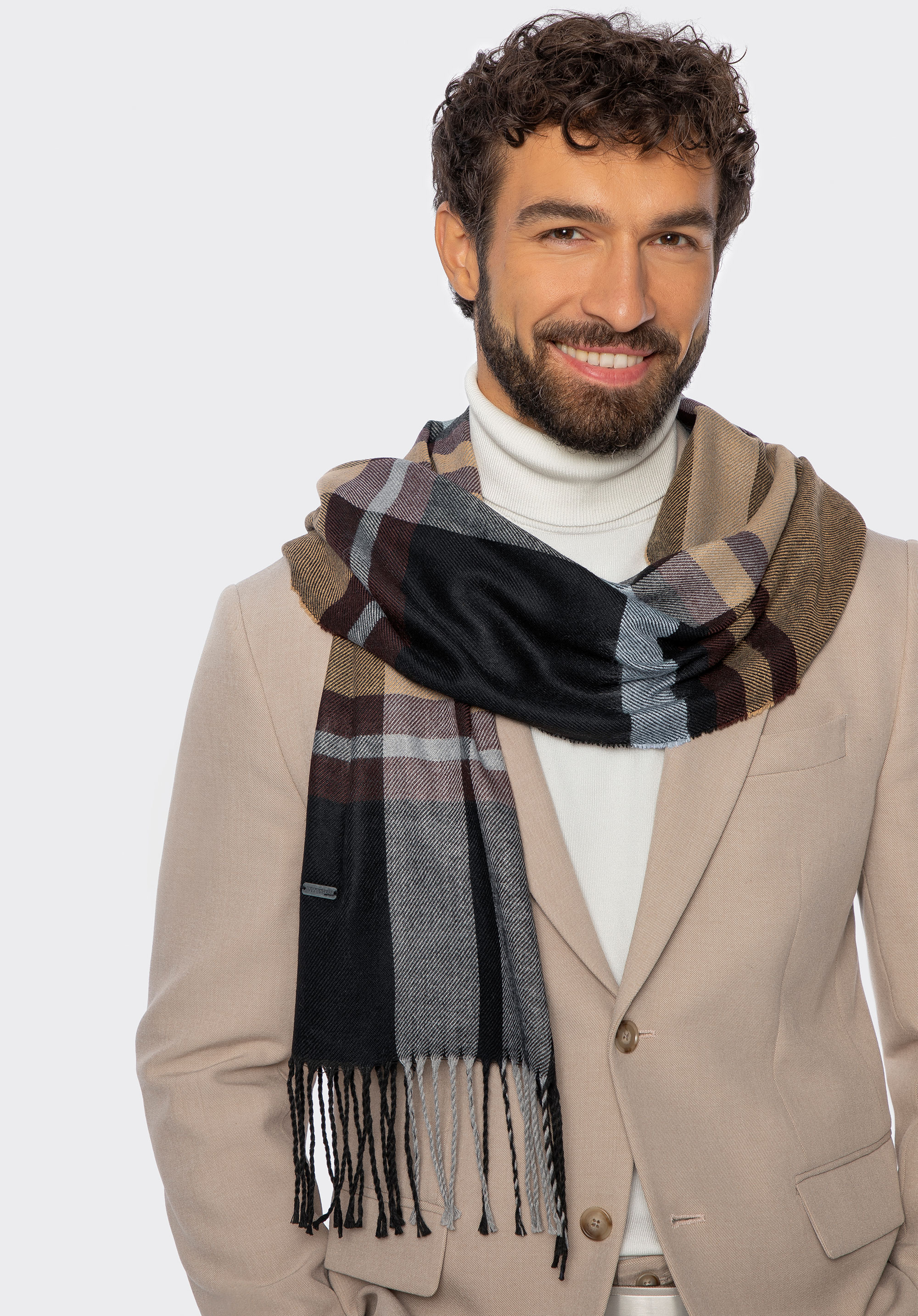 Szalik męski w kratę, czarno-brązowy, 101-7F-100-X, Zdjęcie 1