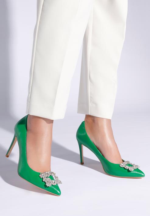Leather stiletto heel shoes with gleaming buckle detail, green, 96-D-956-P-40, Photo 15