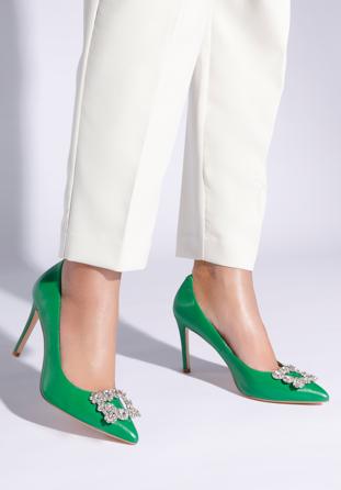 Leather stiletto heel shoes with gleaming buckle detail, green, 96-D-956-Z-39, Photo 1