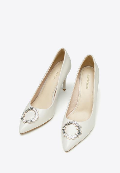 Stiletto heel leather shoes with gleaming buckle detail, cream, 97-D-517-5-38, Photo 2