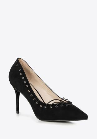 Lace detail suede stiletto heel shoes, black, 90-D-902-1-36, Photo 1