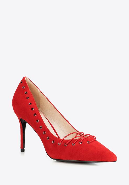 Lace detail suede stiletto heel shoes, red, 90-D-902-1-40, Photo 1