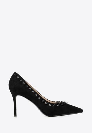 Lace detail suede stiletto heel shoes, black, 90-D-902-1-41, Photo 1