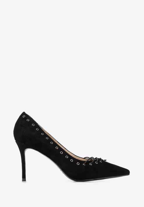Lace detail suede stiletto heel shoes, black, 90-D-902-1-40, Photo 1