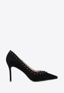 Lace detail suede stiletto heel shoes, black, 90-D-902-3-37, Photo 1