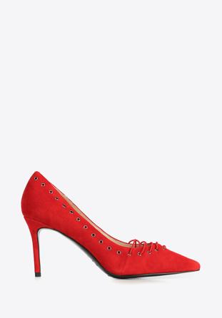 Lace detail suede stiletto heel shoes, red, 90-D-902-3-37, Photo 1