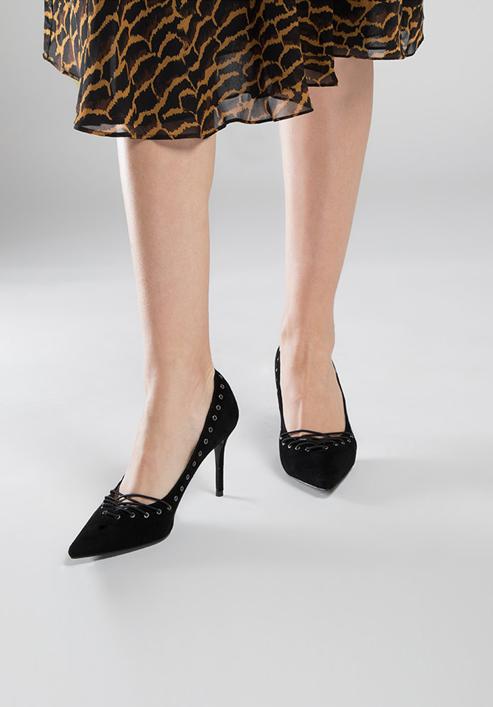 Lace detail suede stiletto heel shoes, black, 90-D-902-3-37, Photo 3