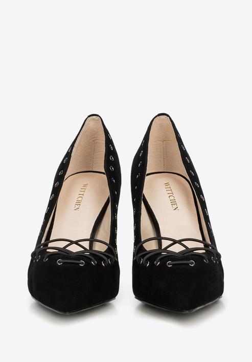 Lace detail suede stiletto heel shoes, black, 90-D-902-1-40, Photo 4