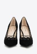 Lace detail suede stiletto heel shoes, black, 90-D-902-1-37, Photo 4
