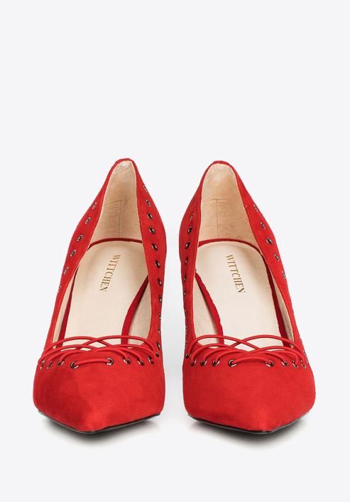 Lace detail suede stiletto heel shoes, red, 90-D-902-3-40, Photo 4