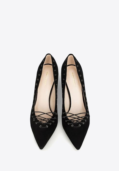 Lace detail suede stiletto heel shoes, black, 90-D-902-1-36, Photo 7