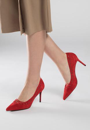 Lace detail suede stiletto heel shoes, red, 90-D-902-3-40, Photo 1