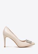 Leather stiletto heel shoes with sparkling buckle, light beige, 98-D-950-P-35, Photo 1