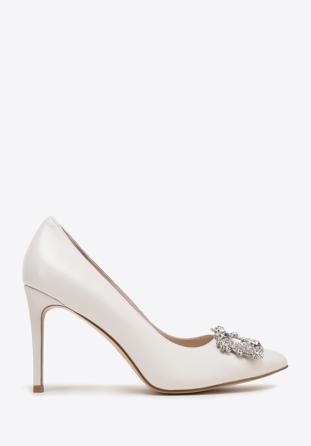 Leather stiletto heel shoes with sparkling buckle, cream, 98-D-950-9-40, Photo 1