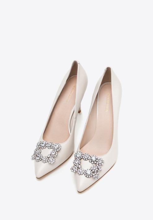 Leather stiletto heel shoes with sparkling buckle, cream, 98-D-950-0-41, Photo 2