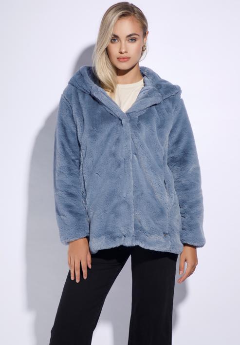 Oversized hooded faux fur jacket, grey - blue, 95-9W-100-1-XL, Photo 2
