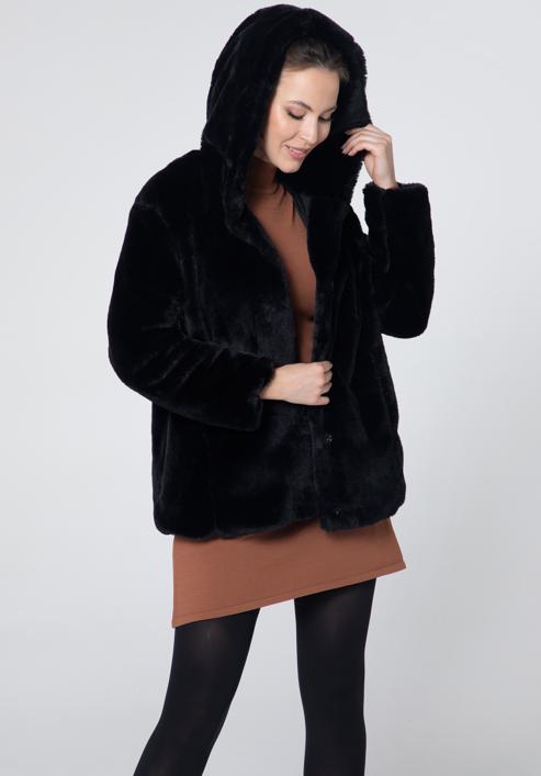 Oversized hooded faux fur jacket, black, 95-9W-100-1-M, Photo 3