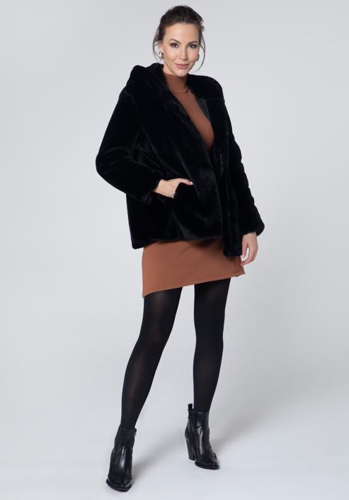 Oversized hooded faux fur jacket, black, 95-9W-100-7-L, Photo 6