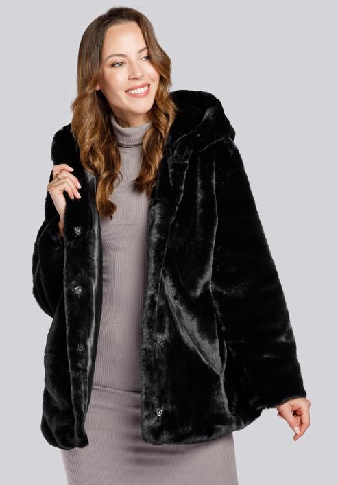 Hooded teddy faux fur jacket, black, 93-9W-100-1-2XL, Photo 1