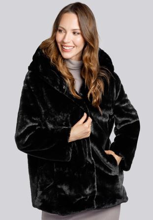 Hooded teddy faux fur jacket, black, 93-9W-100-1-L, Photo 1