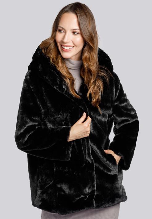 Hooded teddy faux fur jacket, black, 93-9W-100-1-2XL, Photo 2