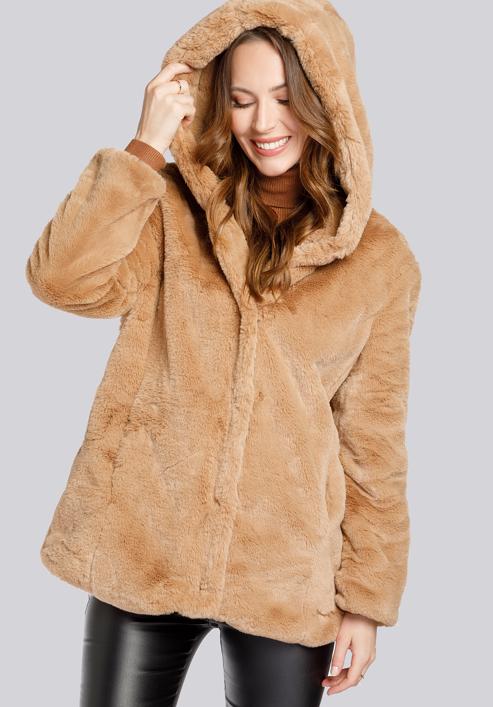 Hooded teddy faux fur jacket, beige, 93-9W-100-5-L, Photo 4