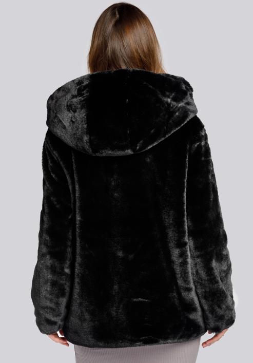 Hooded teddy faux fur jacket, black, 93-9W-100-1-L, Photo 5