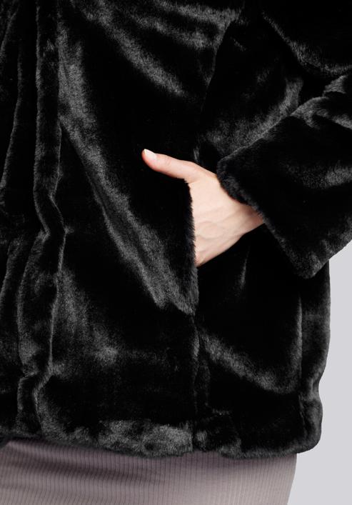 Hooded teddy faux fur jacket, black, 93-9W-100-1-L, Photo 8