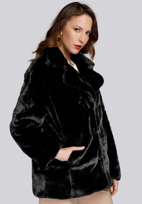 Hooded teddy faux fur jacket, black, 93-9W-100-1B-L, Photo 1