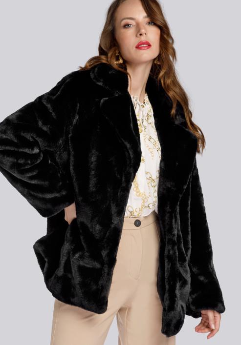 Hooded teddy faux fur jacket, black, 93-9W-100-1B-L, Photo 2