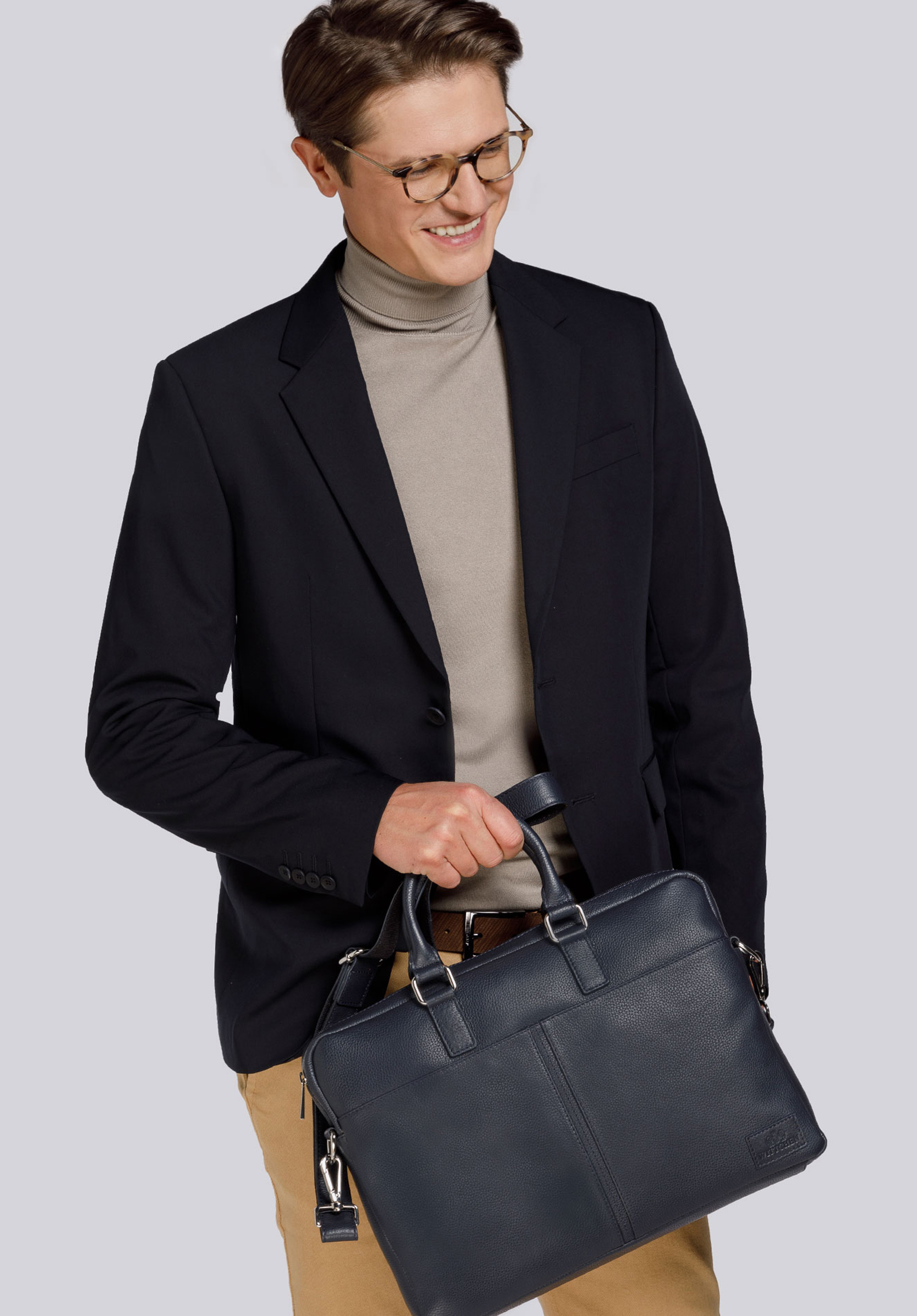 Leather laptop bag, navy blue, 91-3U-302-7, Photo 1
