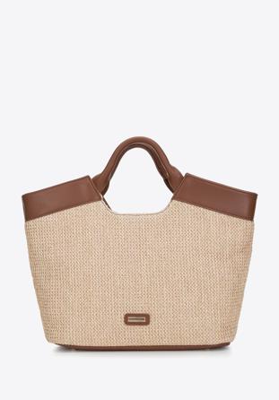 Faux leather basket shopper bag with straw-like texture, brown, 94-4Y-626-5, Photo 1