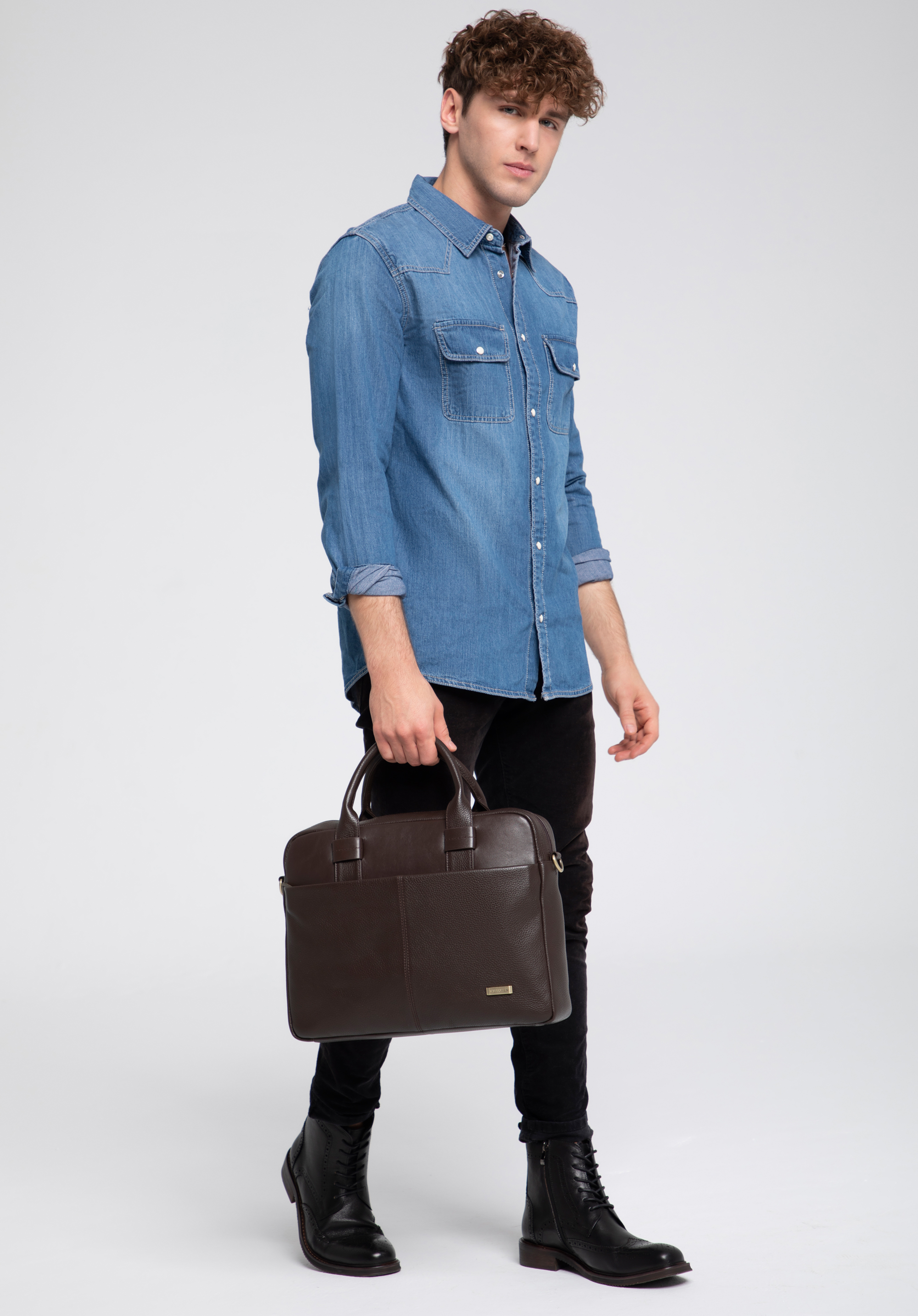 Torba na laptopa 15,6” ze skóry o dwóch fakturach, dark brown, 96-3U-801-4, Photo 1