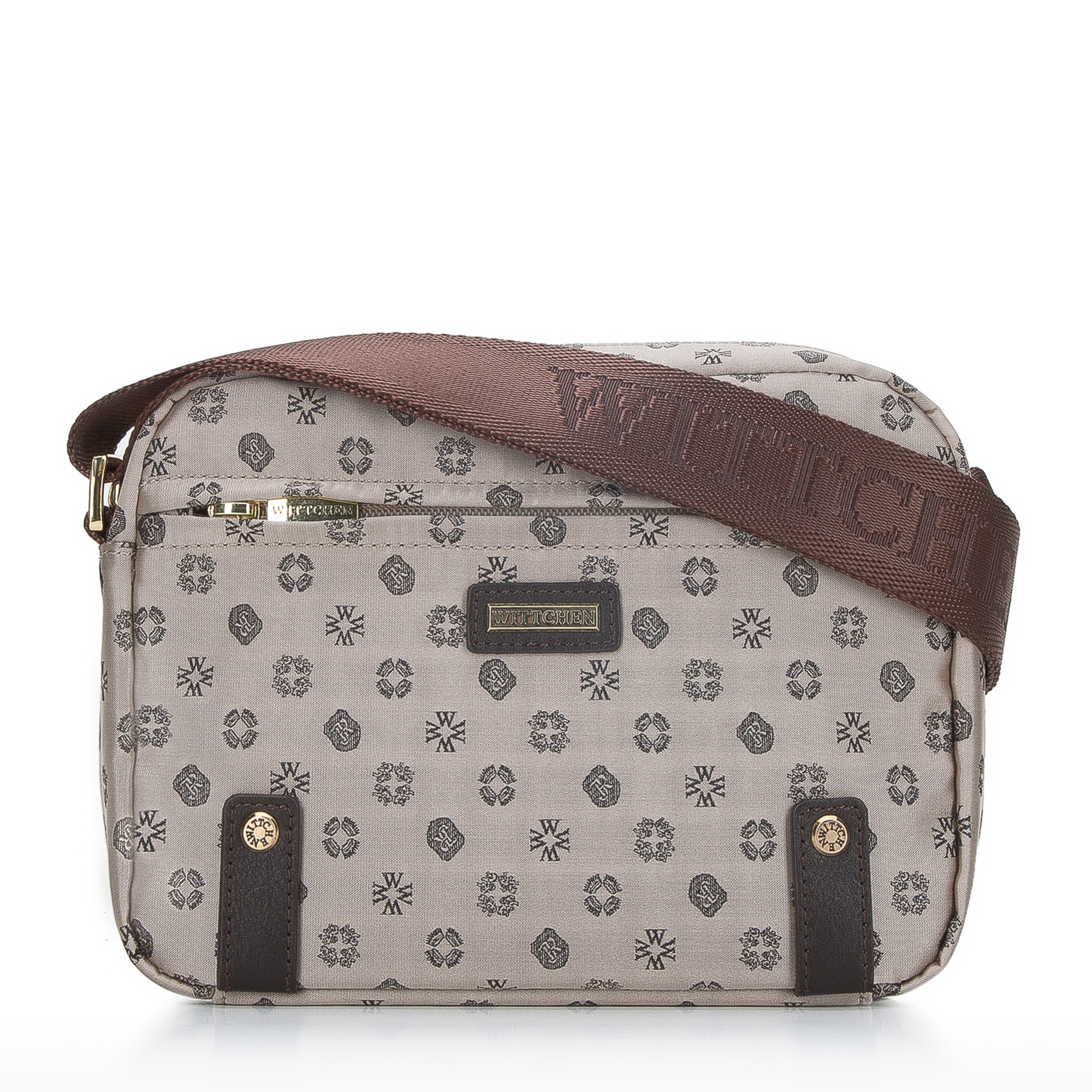 Dámska žakárová kabelka s koženými pásikmi horizontálna béžová 95-4-902-9