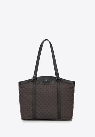 Jacquard and leather shopper bag, brown, 98-4E-904-4, Photo 1