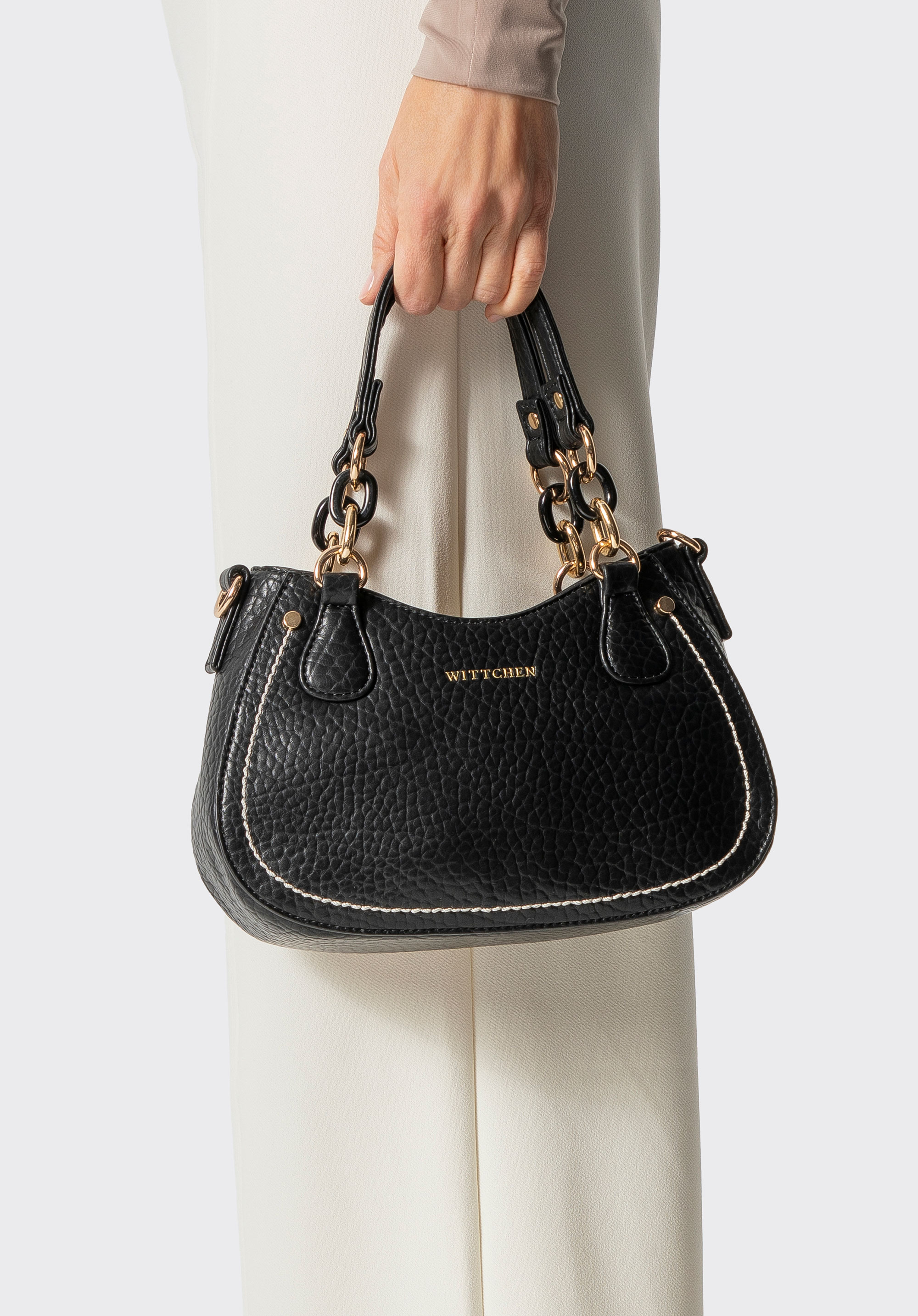 Torebka bagietka z imitacji skóry z kontrastowym przeszyciem, czarny, 101-4Y-709-1, Zdjęcie 1