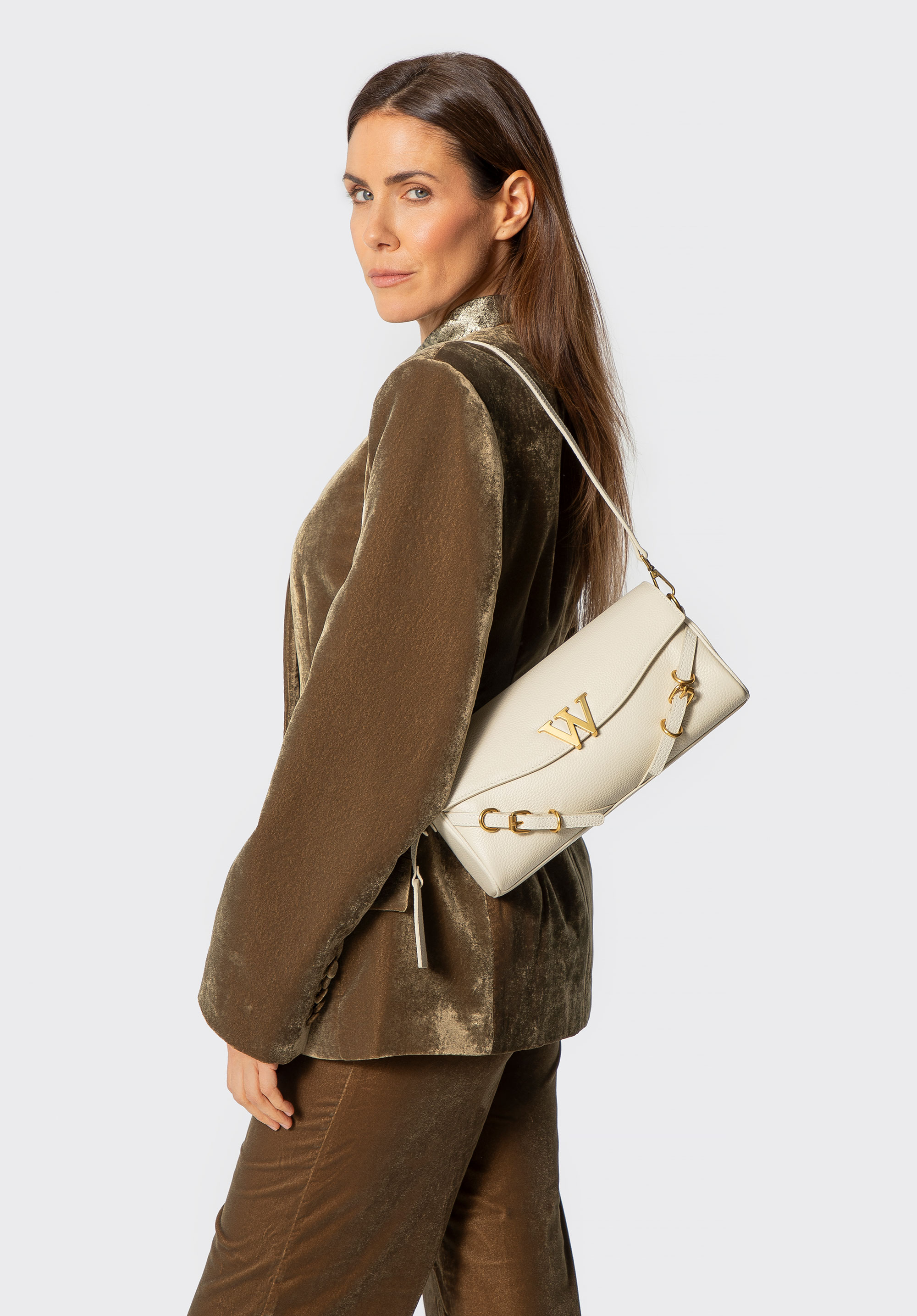 Torebka bagietka ze skóry naturalnej z ozdobnymi paskami, kremowy, 101-4E-211-0, Zdjęcie 1