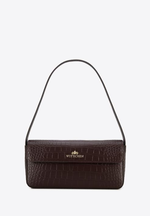 Leather baguette bag with croc-print, dark brown, 95-4E-627-7, Photo 1