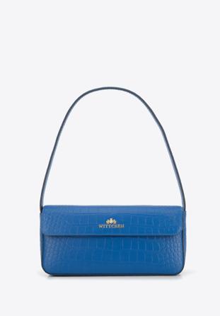 Leather baguette bag with croc-print, blue, 95-4E-627-7, Photo 1