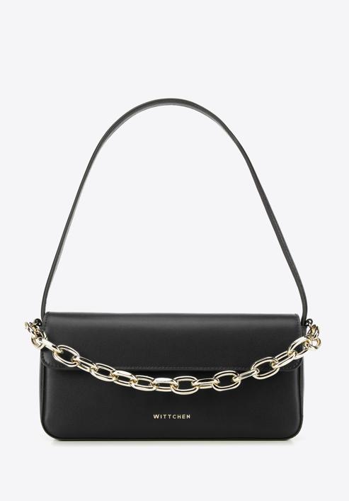 Leather baguette bag with chain detail, black, 95-4E-628-Z, Photo 1