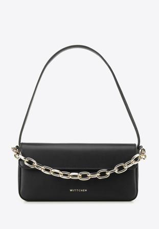 Leather baguette bag with chain detail, black, 95-4E-628-1, Photo 1