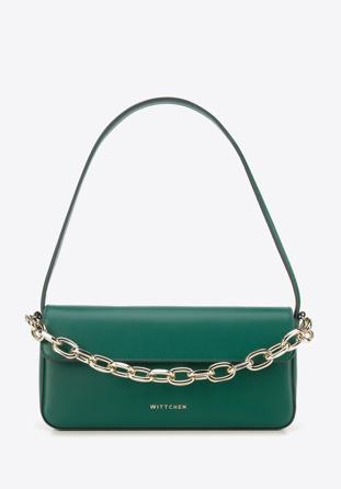 Leather baguette bag with chain detail, green, 95-4E-628-Z, Photo 1