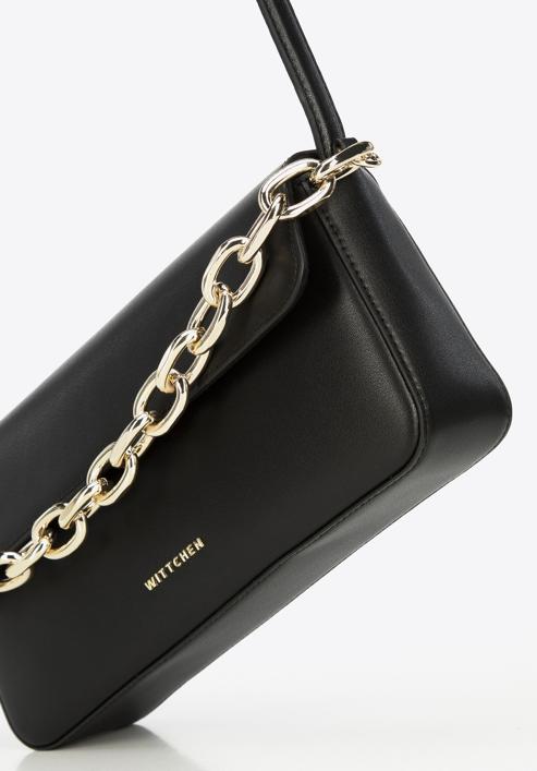 Leather baguette bag with chain detail, black, 95-4E-628-Z, Photo 4