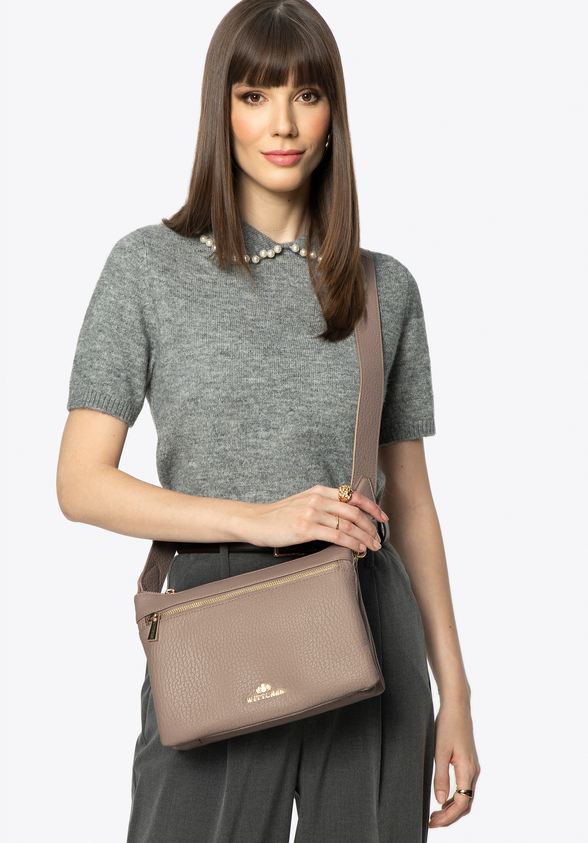 Torebka crossbody ze skóry trójkomorowa beżowa | WITTCHEN