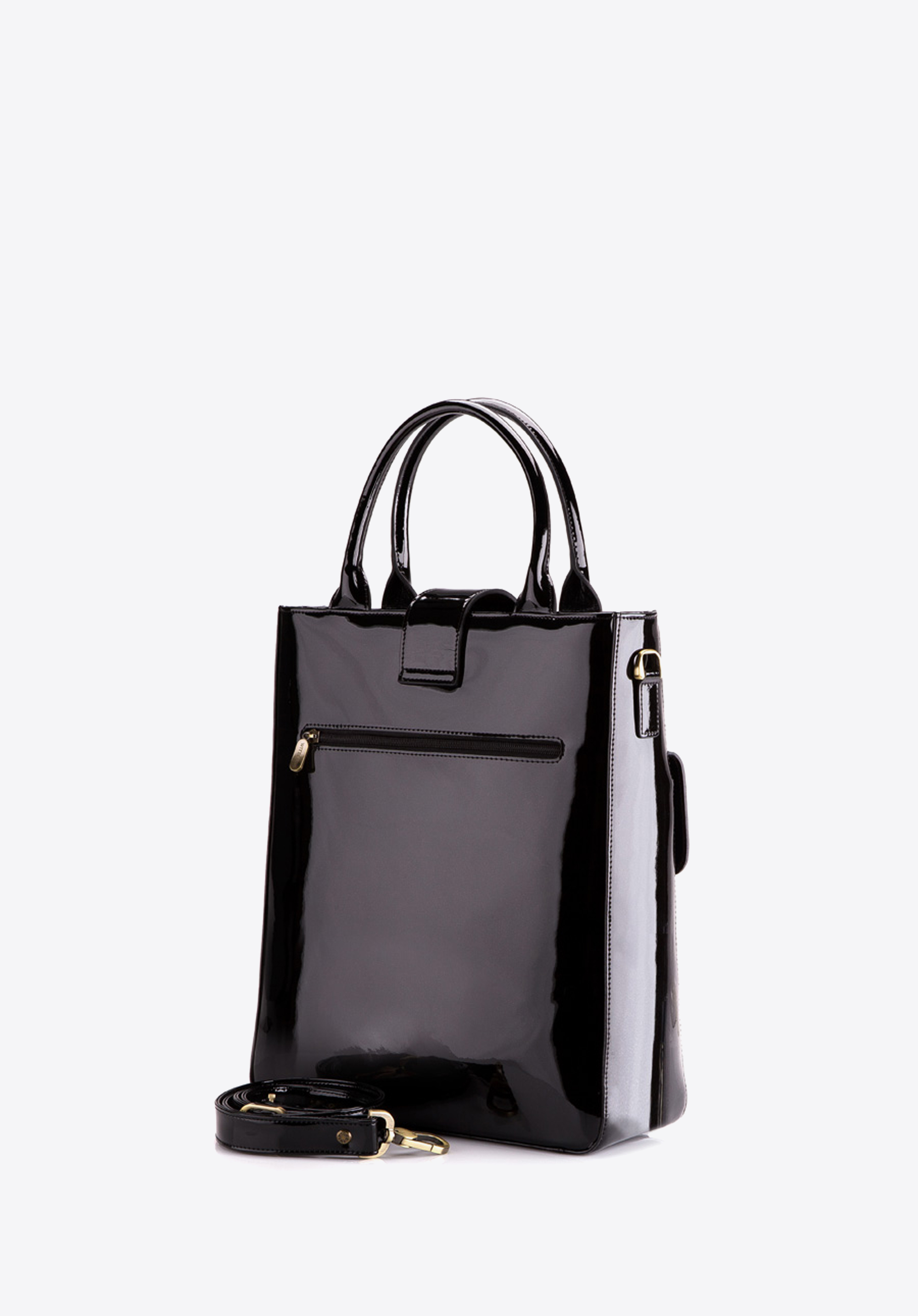 Klasyczna torebka damska na ramię ze skóry lakierowanej, czarny, 25-4-528-1, Zdjęcie 1