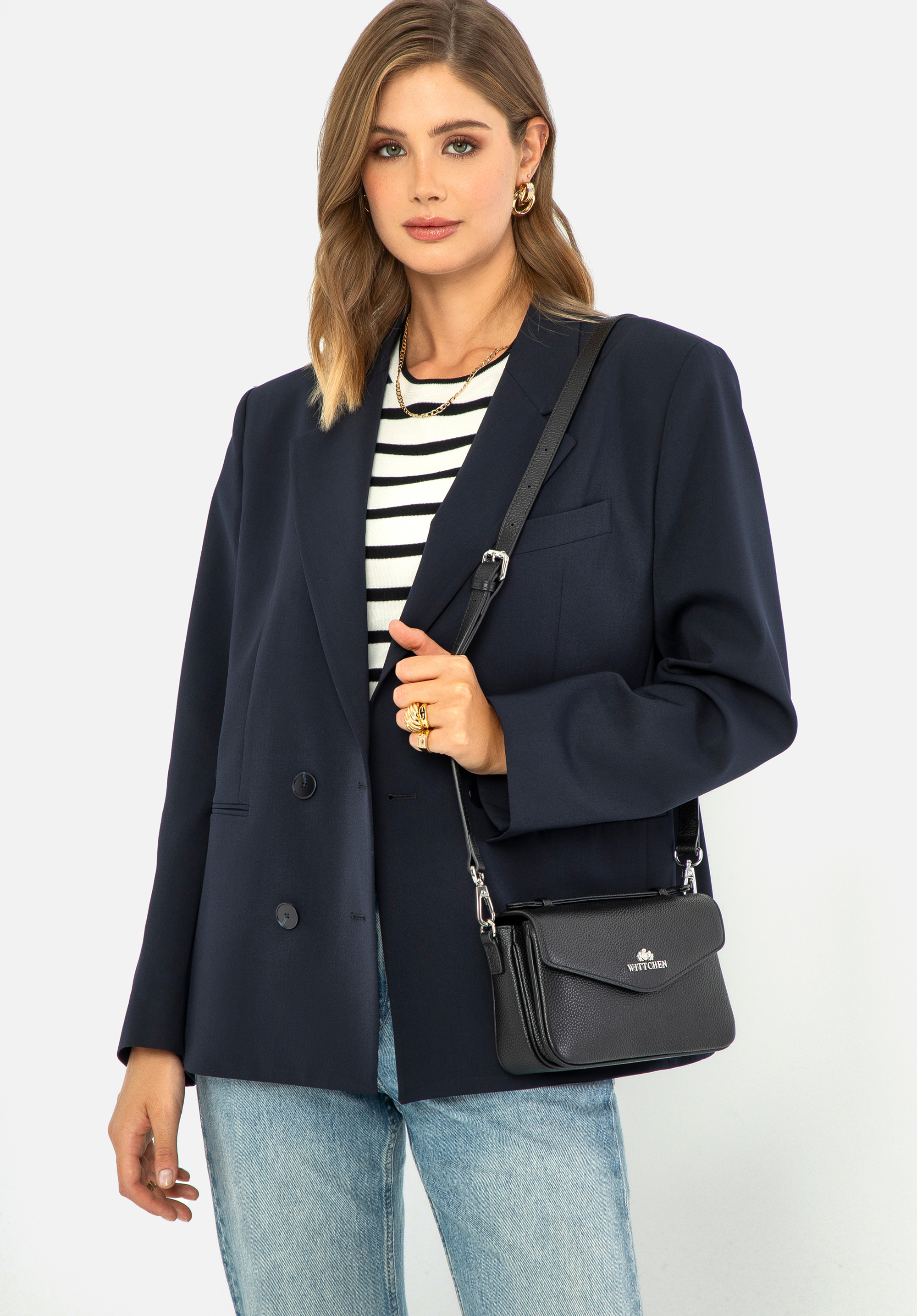 Torebka damska crossbody ze skóry groszkowej, czarno-srebrny, 99-4E-617-1S, Zdjęcie 1