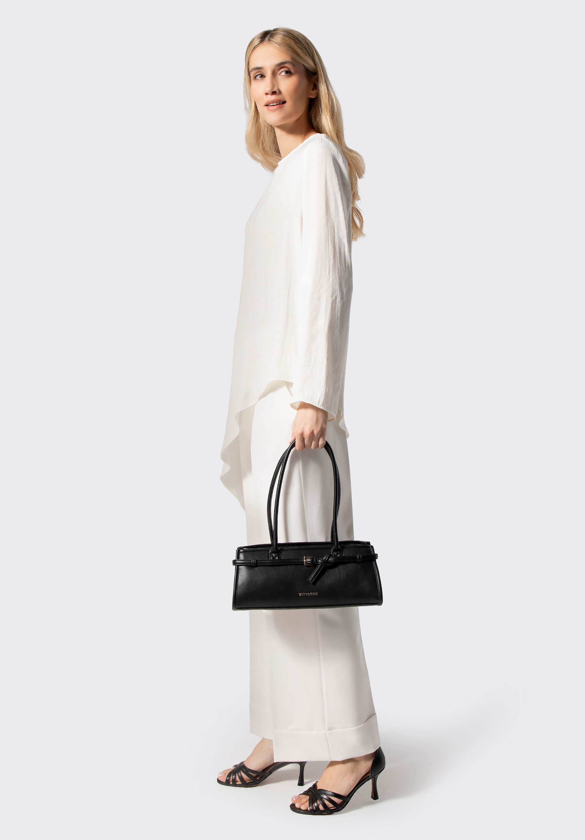 Torebka damska typu bagietka z ekoskóry z dekoracyjnym paskiem, czarny, 102-4Y-414-1, Zdjęcie 1