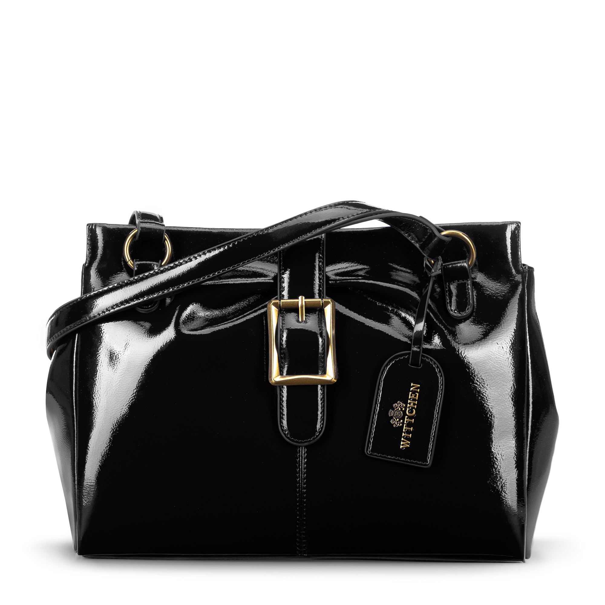 Dámsky kabelka z lakovanej kože s remienkom čierny 100-4E-222-1